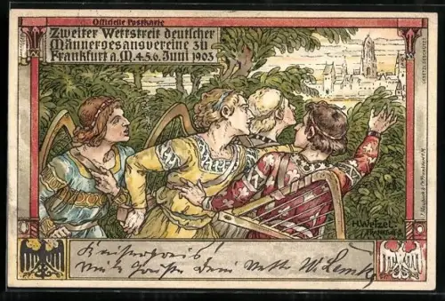 AK Frankfurt, 2. Wettstreit deutscher Männergesangsvereine 1903, mittelalterliche Musiker vor der Stadt, Wappen
