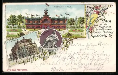Lithographie Frankfurt, Allgemeine Rosen-Blumen & Pflanzen-Ausstellung mit Ausstellungshalle und Opernhaus