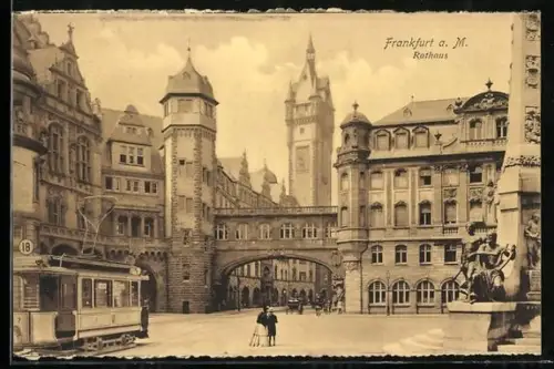 AK Frankfurt / Main, Rathaus mit Denkmal, Strassenbahn, Turm und Gebäudebrücke