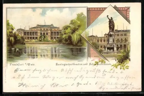 Lithographie Frankfurt-Ostend, Zoologischer Garten und Schützenbrunnen