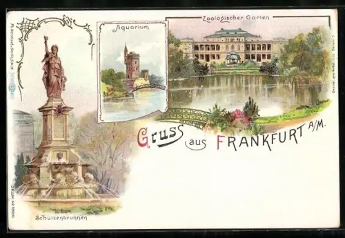 Künstler-AK Frankfurt-Ostend, Ruine mit Weiher, Zoologischer Garten und Schützenbrunnen