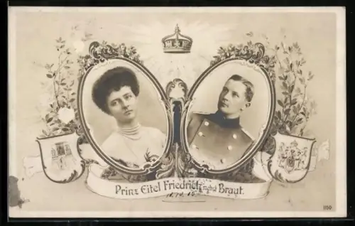 AK Prinz Eitel Friedrich von Preussen und seine Braut, Porträts, Wappen und Krone