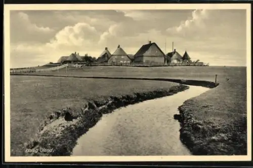 AK Hallig Oland, Warften und Häuser im Marschland