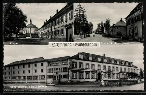 AK Schwefelbad Mingolsheim, Kislau, Post mit Rochuskapelle, Sanatorium St. Rochusbrunnen