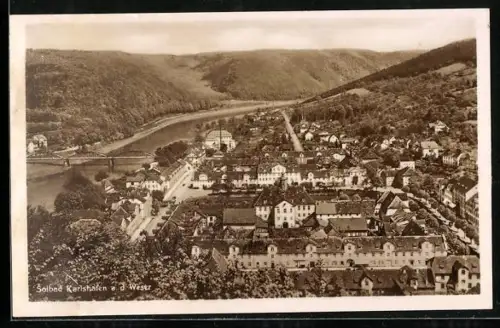 AK Karlshafen a. d. Weser, Gesamtansicht, Fluss, Brücke, umgebende Hügel