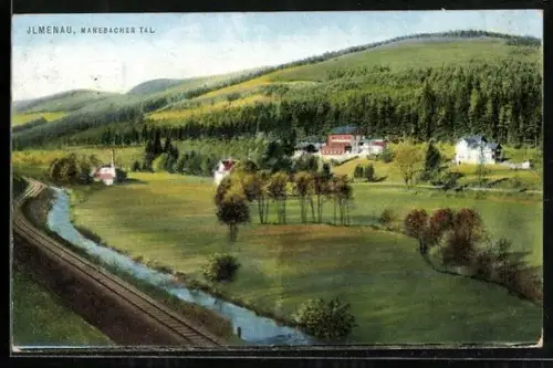 AK Ilmenau, Manebacher Tal, Landschaft mit Bahnlinie und Gebäuden