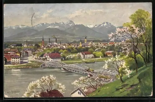 AK Rosenheim, Stadtansicht mit Brücke und Alpenpanorama