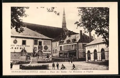AK St-Pourcain-sur-Sioule /Allier, Place des Halles, Le Monument et l`Eglise