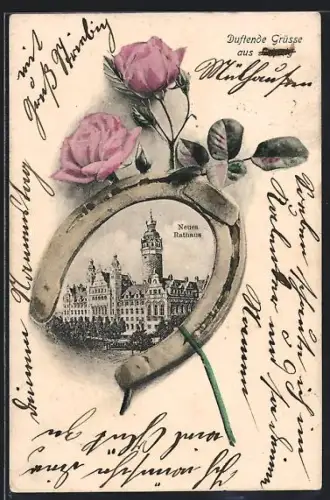 AK Leipzig, Neues Rathaus mit Hufeisen und Rosen
