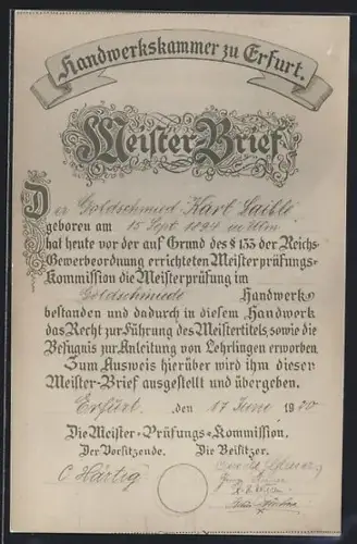 AK Erfurt, Meisterbrief für Goldschmied Karl Saible als Postkarte
