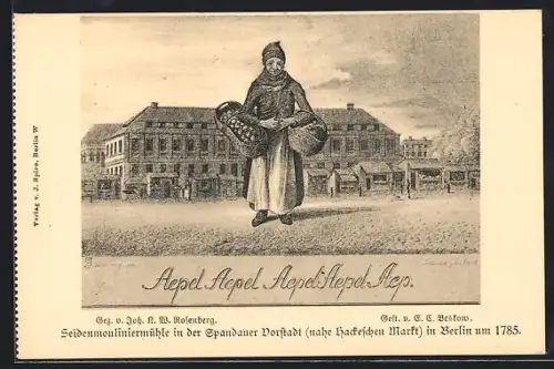 Künstler-AK Berlin, Seidenmouliniermühle am Zwirngraben um 1785, Hackescher Markt, Äpfelverkäuferin