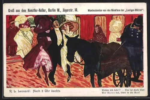 Künstler-AK Berlin, Künstler-Keller, Jägerstrasse 14, Wandmalerei von R. L. Leonard: Nach 2 Uhr nachts