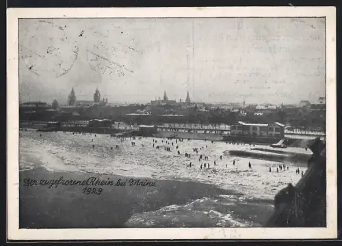 AK Mainz, Übergang über den zugefrorenen Rhein im Jahre 1929, Unwetter