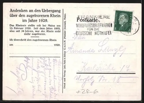 AK Mainz, Übergang über den zugefrorenen Rhein im Jahre 1929, Unwetter