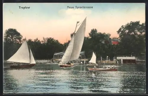 AK Berlin-Treptow, Neue Spreeterrasse, Segelboote