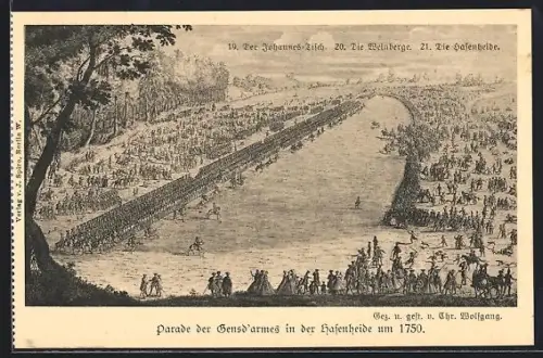 AK Berlin-Kreuzberg, Parade der Gensd`armes in der Hasenheide um 1750