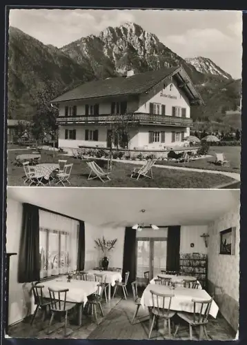 AK Piding-Mauthausen, Gasthof Pension Alpenblick, Bes. Sebastian Schöndorfer, Aussenansicht und Speiseraum