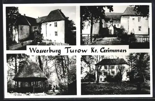 AK Turow /Grimmen, Wasserburg, Parkansicht, Pavillon