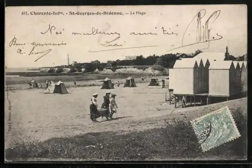 AK St-Georges-de-Didonne /Charente-Inférieure, La Plage avec cabines de plage et promeneurs
