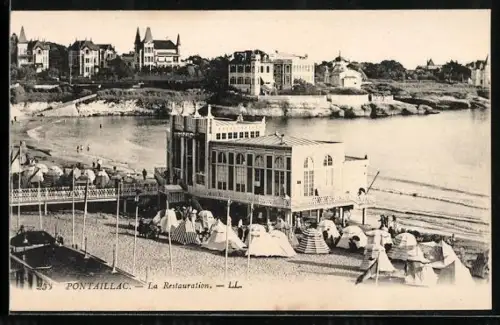 AK Pontaillac, La Restauration et la plage avec tentes en bord de mer