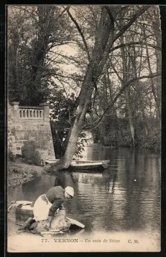 AK Vernon, un coin de Seine, Waschfrau am Flussufer