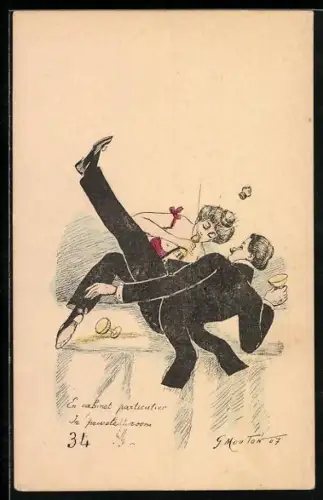 Künstler-AK Georges Mouton: Barbusige Dame mit Sektflasche