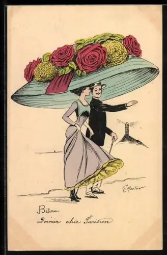 Künstler-AK Georges Mouton: Dame mit riesigem Hut