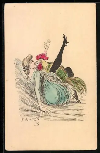 Künstler-AK Georges Mouton: Hahn und junge Dame