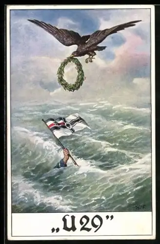 Künstler-AK Wally Fialkowska: Der Siegespreis, Adler mit Kranz über Arm mit Fahne, U29