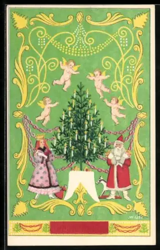 Künstler-AK Wilhelm List: Weihnachtsgrüsse, Weihnachtsmann und Königin am Tannenbaum, Engel