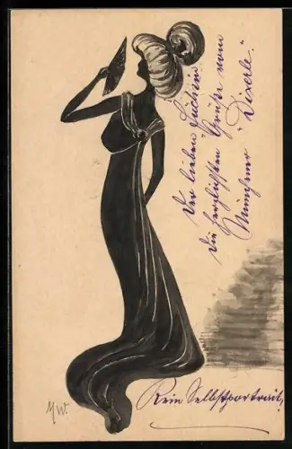 Künstler-AK Handgemalt: Dame mit Fächer im Jugendstil