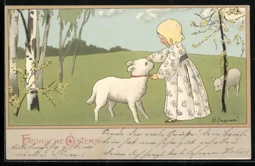 Künstler-AK Gertrud Caspari: Mädchen streichelt den Kopf eines Osterlamms, Buona Pasqua