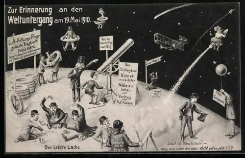 Künstler-AK Weltuntergang 19. Mai 1910, Halley`scher Komet im Himmel, Frau auf Rakete zum Mars