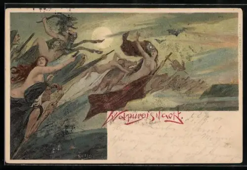 Lithographie Walpurgisnacht, Hexen auf Besen