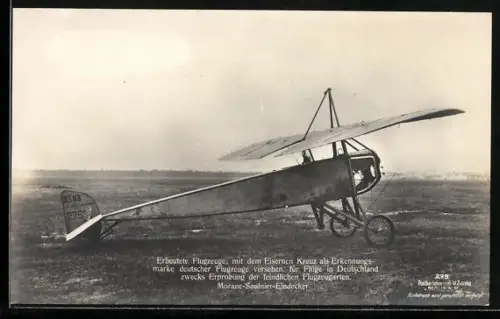 Foto-AK Sanke Nr. 279: Von deutschen Truppen erbeutetes französisches Morane-Saulnier-Flugzeug