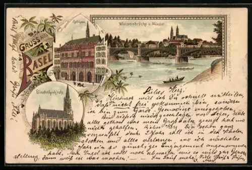 Vorläufer-Lithographie Basel, 1895, Rathaus, Elisabethenkirche, Wettsteinbrücke u. Münster