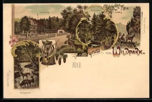 Lithographie Sihlwald, Forsthaus, Waldpartie, Rotwild