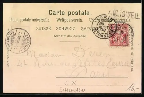 Lithographie Sihlwald, Forsthaus, Waldpartie, Rotwild