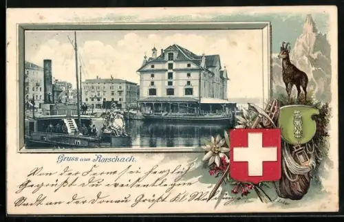 Passepartout-Lithographie Rorschach, Hafen, Wappen mit Gämse