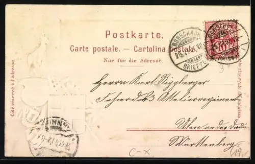 Passepartout-Lithographie Rorschach, Hafen, Wappen mit Gämse