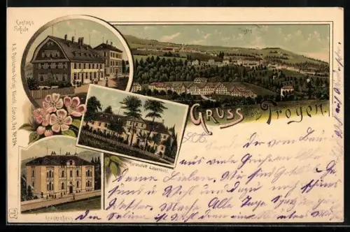 Lithographie Trogen, Kuranstalt Lindenbühl, Kantonsschule, Krankenhaus