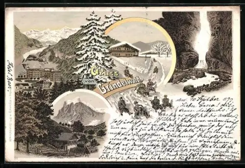 Lithographie Grindelwald, Ortspartie mit Bewohnern