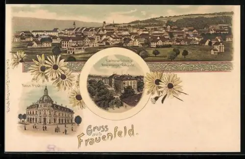 Lithographie Frauenfeld, Gesamtansicht, Neue Post, Kantons-Schule u. Regierungs-Gebäude