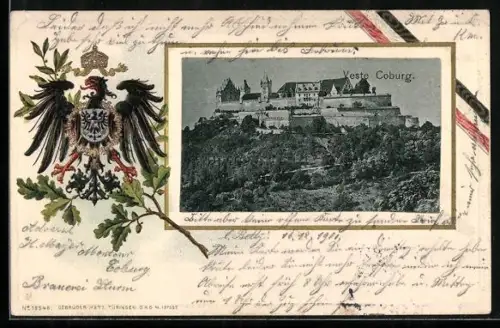 Passepartout-Lithographie Coburg, Mit Veste und geprägtem Reichswappen