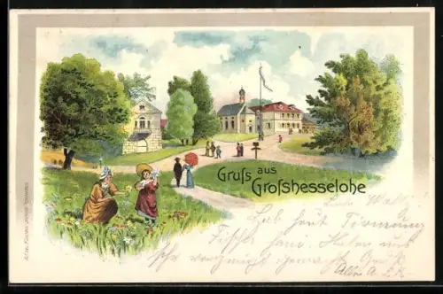 Lithographie Grosshesselohe, Ortspartie