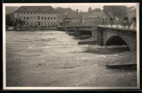 Foto-AK Leisnig, Hochwasser an der Fischendorfer Brücke 1954