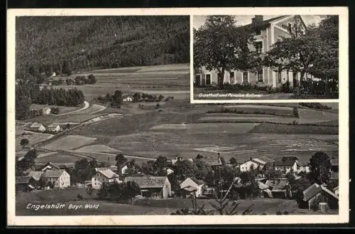 AK Engelshütt / Bayr. Wald, Totalansicht aus der Vogelschau, Gasthaus & Pension Kollmer
