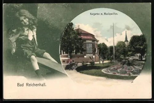 AK Bad Reichenhall, Kurgarten m. Musikpavillon, Passepartout mit sitzendem Mädchen
