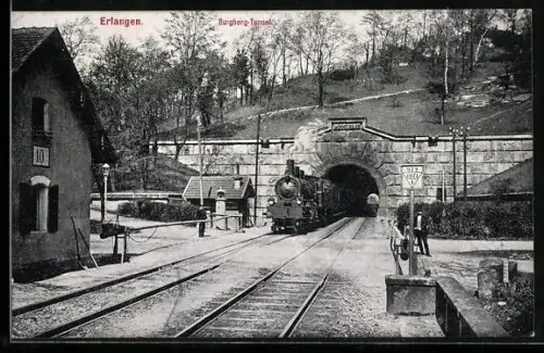 AK Erlangen, Burgberg-Tunnel, Dampflok, Bahnübergang