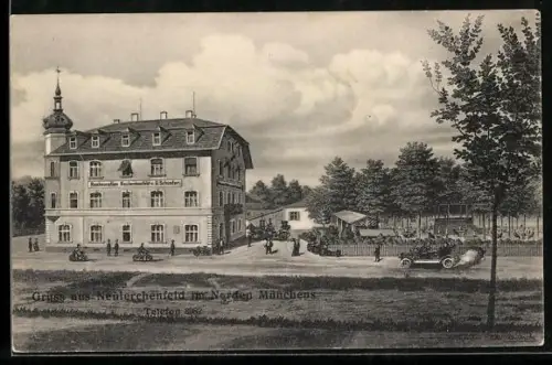 Künstler-AK München-Schwabing, Gasthaus Neulerchenfeld mit Gartenlokal, Lerchenauer Strasse 34, Pferdekutsche